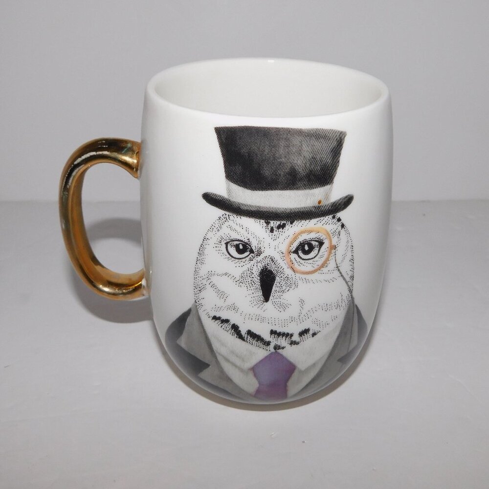 Pier 1 Import One Wise Owl Coffee Mug Top Hat Tie Monocle Gold Handle Bird